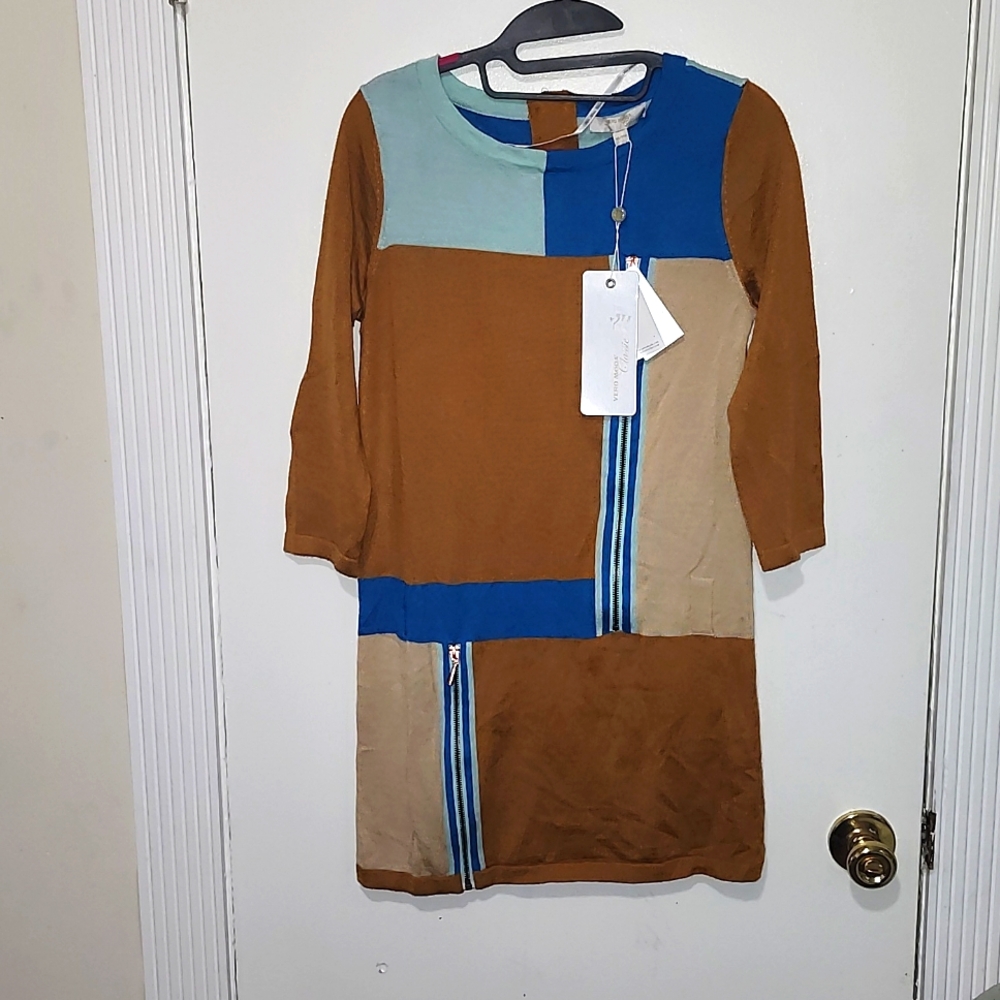 Vero Moda Colorblock Midi Dress in Brown, Blue & Cream